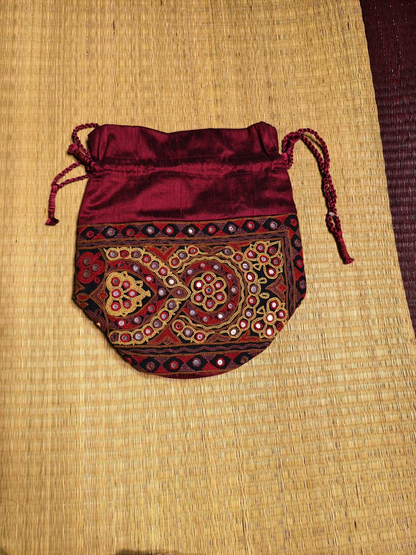 Maroon Kutch Hand-Embroidered Mirror Work Potli Bag